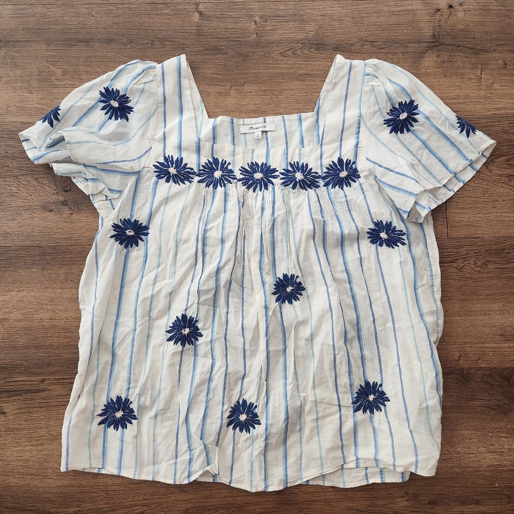 Madewell White Blouse with Blue Stripes & Navy Floral Embroidery